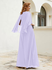 Robe Perlée Longueur au Sol avec Manches Flottantes à Col en V Lilas Grande Taille