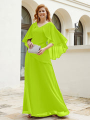 Robe Perlée Longueur au Sol avec Manches Flottantes à Col en V Vert Citron