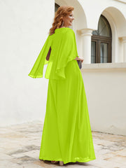 Robe Perlée Longueur au Sol avec Manches Flottantes à Col en V Vert Citron