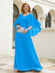 Robe Perlée Longueur au Sol avec Manches Flottantes à Col en V Bleu Océan