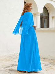 Robe Perlée Longueur au Sol avec Manches Flottantes à Col en V Bleu Océan Grande Taille