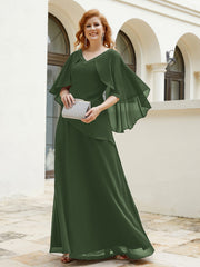 Robe Perlée Longueur au Sol avec Manches Flottantes à Col en V Olive Verte Grande Taille