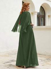 Robe Perlée Longueur au Sol avec Manches Flottantes à Col en V Olive Verte