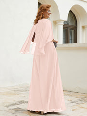 Robe Perlée Longueur au Sol avec Manches Flottantes à Col en V Rose Perle