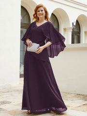 Robe Perlée Longueur au Sol avec Manches Flottantes à Col en V Plum
