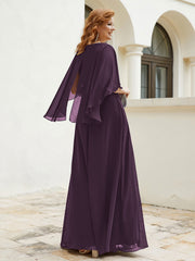 Robe Perlée Longueur au Sol avec Manches Flottantes à Col en V Plum