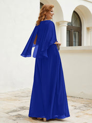 Robe Perlée Longueur au Sol avec Manches Flottantes à Col en V Bleu Royale Grande Taille
