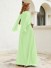 Robe Perlée Longueur au Sol avec Manches Flottantes à Col en V Sauge Grande Taille