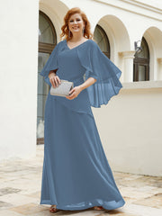 Robe Perlée Longueur au Sol avec Manches Flottantes à Col en V Bleu de Schiste Grande Taille