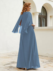 Robe Perlée Longueur au Sol avec Manches Flottantes à Col en V Bleu de Schiste Grande Taille