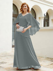 Robe Perlée Longueur au Sol avec Manches Flottantes à Col en V Gris Acier