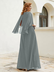 Robe Perlée Longueur au Sol avec Manches Flottantes à Col en V Gris Acier