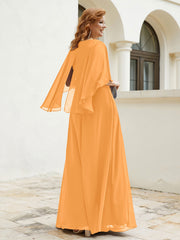 Robe Perlée Longueur au Sol avec Manches Flottantes à Col en V Mandarine Grande Taille