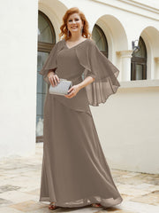 Robe Perlée Longueur au Sol avec Manches Flottantes à Col en V Taupe