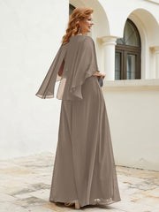 Robe Perlée Longueur au Sol avec Manches Flottantes à Col en V Taupe