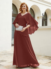 Robe Perlée Longueur au Sol avec Manches Flottantes à Col en V Terracotta