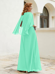 Robe Perlée Longueur au Sol avec Manches Flottantes à Col en V Turquoise