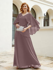 Robe Perlée Longueur au Sol avec Manches Flottantes à Col en V Vintage Mauve
