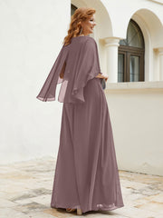 Robe Perlée Longueur au Sol avec Manches Flottantes à Col en V Vintage Mauve