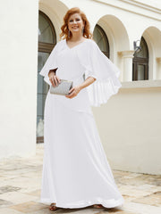 Robe Perlée Longueur au Sol avec Manches Flottantes à Col en V Blanc