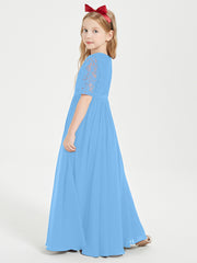 Robes de Demoiselle d'Honneur Junior en Dentelle à Demi-Manches Bleu