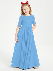 Robes de Demoiselle d'Honneur Junior en Dentelle à Demi-Manches Bleu