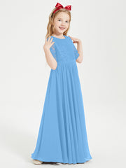 Robes de Demoiselle d'Honneur Junior en Dentelle à Demi-Manches Bleu