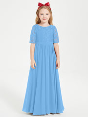 Robes de Demoiselle d'Honneur Junior en Dentelle à Demi-Manches Bleu