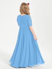 Robes de Demoiselle d'Honneur Junior en Dentelle à Demi-Manches Bleu