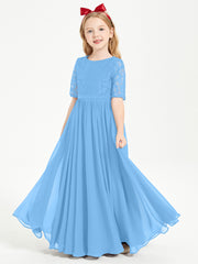 Robes de Demoiselle d'Honneur Junior en Dentelle à Demi-Manches Bleu