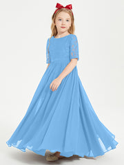 Robes de Demoiselle d'Honneur Junior en Dentelle à Demi-Manches Bleu