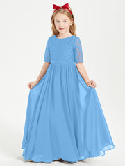 Robes de Demoiselle d'Honneur Junior en Dentelle à Demi-Manches Bleu