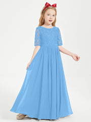 Robes de Demoiselle d'Honneur Junior en Dentelle à Demi-Manches Bleu