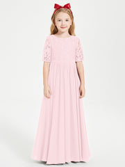 Robes de Demoiselle d'Honneur Junior en Dentelle à Demi-Manches Rose Pâle