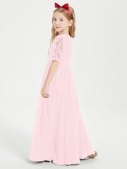 Robes de Demoiselle d'Honneur Junior en Dentelle à Demi-Manches Rose Pâle
