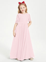 Robes de Demoiselle d'Honneur Junior en Dentelle à Demi-Manches Rose Pâle