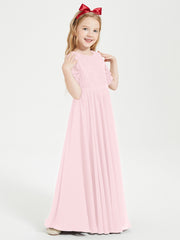 Robes de Demoiselle d'Honneur Junior en Dentelle à Demi-Manches Rose Pâle
