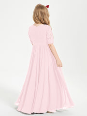 Robes de Demoiselle d'Honneur Junior en Dentelle à Demi-Manches Rose Pâle