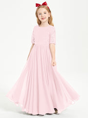 Robes de Demoiselle d'Honneur Junior en Dentelle à Demi-Manches Rose Pâle