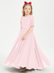 Robes de Demoiselle d'Honneur Junior en Dentelle à Demi-Manches Rose Pâle