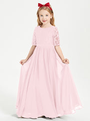 Robes de Demoiselle d'Honneur Junior en Dentelle à Demi-Manches Rose Pâle