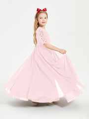Robes de Demoiselle d'Honneur Junior en Dentelle à Demi-Manches Rose Pâle