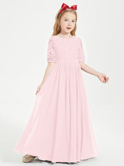 Robes de Demoiselle d'Honneur Junior en Dentelle à Demi-Manches Rose Pâle