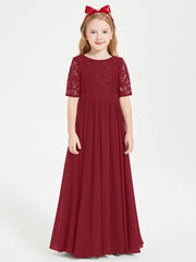Robes de Demoiselle d'Honneur Junior en Dentelle à Demi-Manches Bordeaux