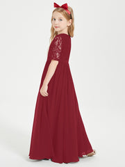 Robes de Demoiselle d'Honneur Junior en Dentelle à Demi-Manches Bordeaux