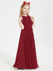 Robes de Demoiselle d'Honneur Junior en Dentelle à Demi-Manches Bordeaux