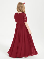 Robes de Demoiselle d'Honneur Junior en Dentelle à Demi-Manches Bordeaux