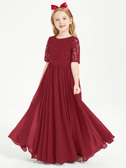 Robes de Demoiselle d'Honneur Junior en Dentelle à Demi-Manches Bordeaux