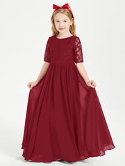 Robes de Demoiselle d'Honneur Junior en Dentelle à Demi-Manches Bordeaux