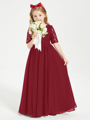 Robes de Demoiselle d'Honneur Junior en Dentelle à Demi-Manches Bordeaux